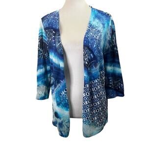 Chico's Linen Blend Teal, Blue and White Open Front Cardigan, Size 2 (Large)